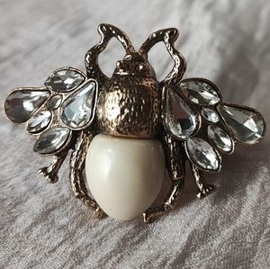 Bee Scarf Clip Dual Ring Brass and Ivory Colored Lucite Rhinestone Adjustable